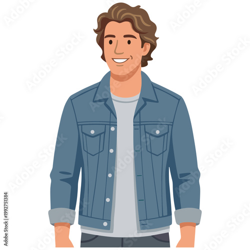 An illustration of a man wearing a blue jean jacket and smiling.