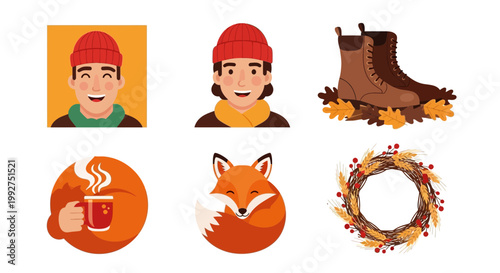 Flat design vector illustration of cozy winter season elements including warm clothing and autumn foliage for lifestyle marketing design