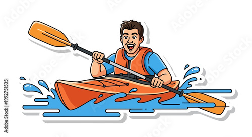 Flat design vector illustration of happy man paddling kayak on water during summer lifestyle adventure with bright sunlight