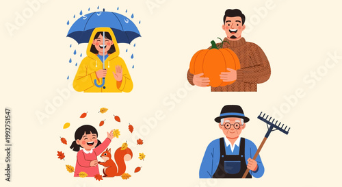 Flat design vector illustration of people enjoying weather changes with farming and rain themes in a bright lifestyle setting