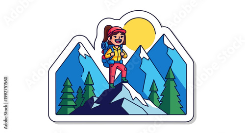 Adventurer hiking mountain landscape illustration showing outdoor lifestyle exploration under bright sunlight