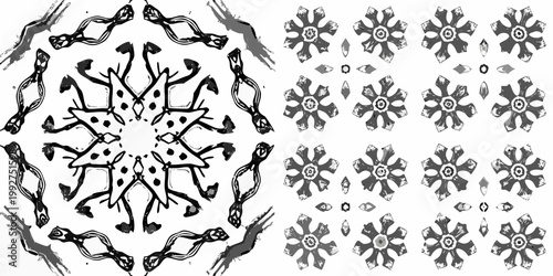 Abstract black and white patterns resembling crystalline structures and snowflakes