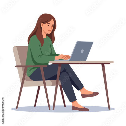A woman sits at a table working on her laptop indoors.