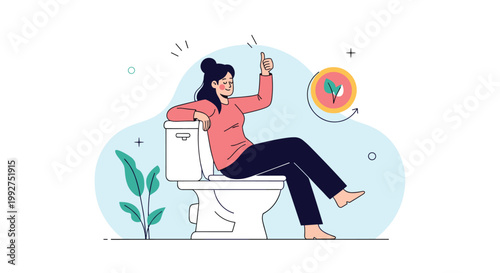 Content woman sitting on a toilet and giving a thumbs up, accompanied by an icon representing positive digestive health and wellness.