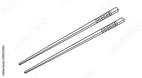 Minimalist black and white line art illustration of a pair of traditional chopsticks with decorative grips on a plain white background.