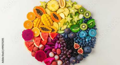 Vibrant circular arrangement of various fresh fruits organized by color, creating a beautiful rainbow spectrum on a white background.