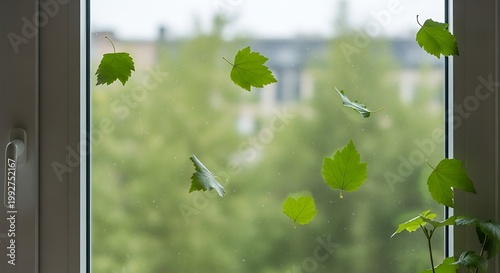 Green leaves drift through a windowpane