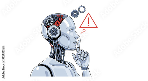 Thoughtful artificial intelligence robot with visible gears inside its head, contemplating a warning triangle symbol indicating technical issues.