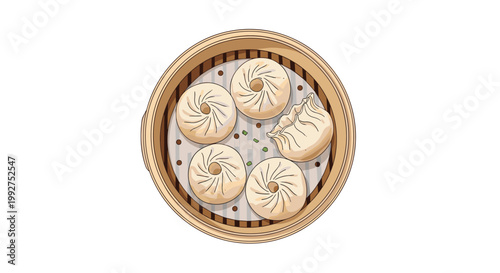 Assorted chinese dumplings including bao and gyoza styles presented in a traditional bamboo steamer basket on a white background.