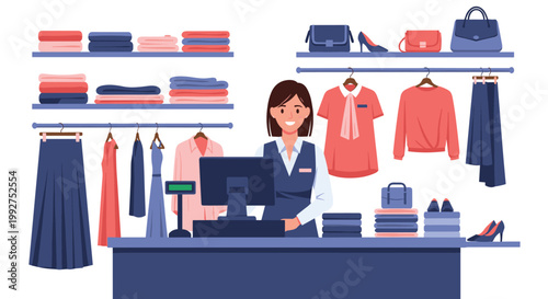 Friendly saleswoman standing at a retail counter in a modern clothing boutique with organized shelves and racks of colorful apparel.