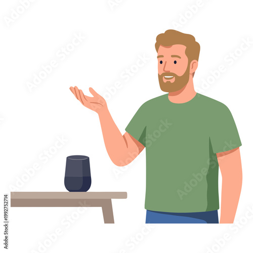 Man presents a smart speaker on a table with his hand raised in explanation.