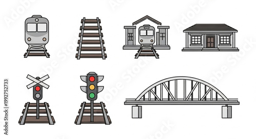 Collection of railway transportation elements and buildings.