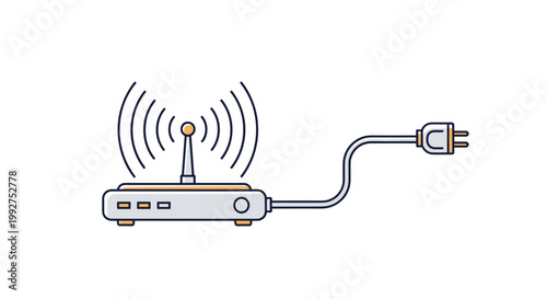 Illustration of a wireless internet router with its power cable and radiating signal waves, depicting connectivity and network access.