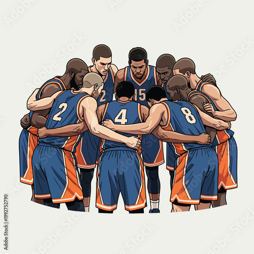 Illustration of a basketball team huddle in blue and orange uniforms.