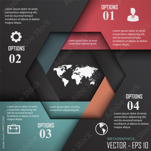 Global Nexus Hexagonal Strategy Infographic. Professional Dark Mode Vector Template with Central World Map and Four Strategic Business Options.