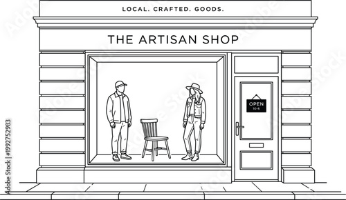 Artisan shop storefront line art illustration, local crafted goods boutique exterior with display window and people urban retail scene design
