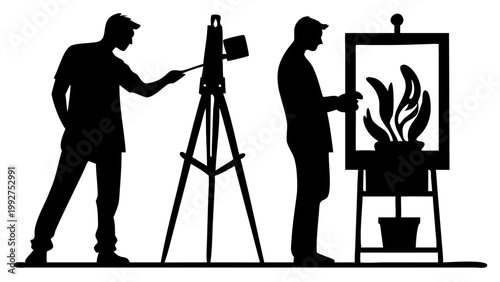 A silhouette of a man pointing at a camera on a tripod, as another adjusts a plant on an easel, showing collaboration between photography and artistic setup for a still life.