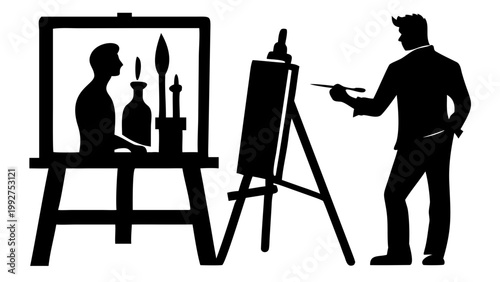 silhouette of artist with easel