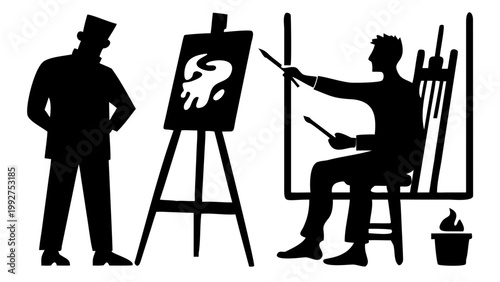 artist easel with brushes