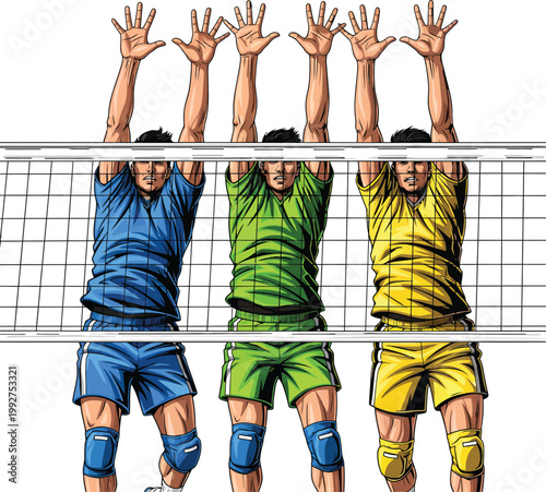 Illustration of three volleyball players performing a defensive block at the net.