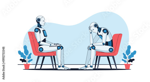Conceptual illustration of robot psychology where one robotic therapist listens to another robot experiencing emotional distress in a room.