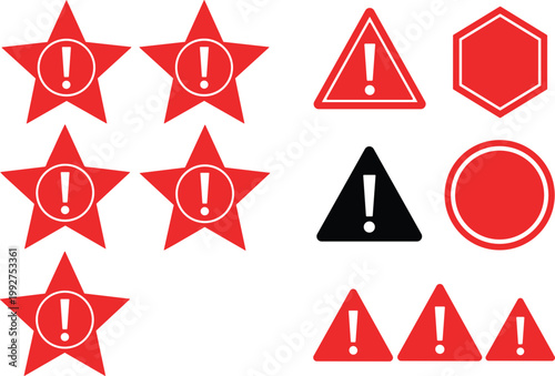Warning icons set exclamation marks alert symbols hazard signs red vector illustration collection isolated pack