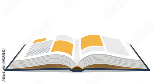 Open hardcover book featuring pages with yellow and gray rectangular sections for content layout on a plain white background.