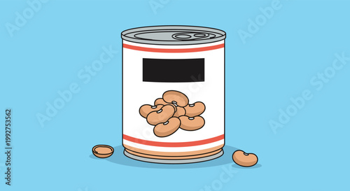 Generic tin can of beans with several loose brown beans scattered around its base against a simple solid blue background for food concepts.