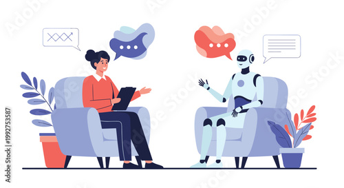 Professional woman having a constructive conversation with a modern humanoid robot in a comfortable office setting for future tech concept.
