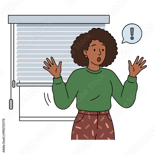 Woman stands shocked inside house by window with blinds