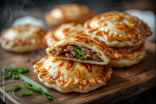 chinese meat pies (xian bing) on a wooden board