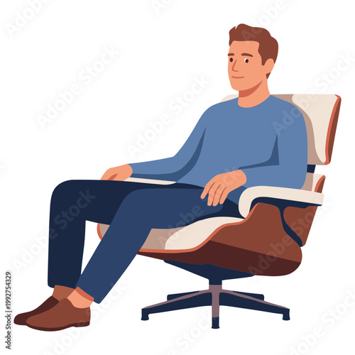 A man sits relaxed in a modern chair with a calm expression