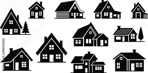 Minimalist flat design vector set of diverse residential homes, ideal for real estate, architecture, urban planning, and lifestyle marketing projects.