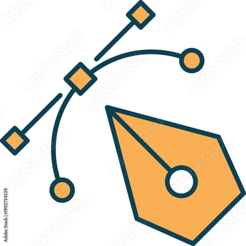 Pen tool and bezier curve showing vector path creation in a colorful flat design style.