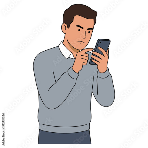 A man looks concerned while checking his phone indoors.