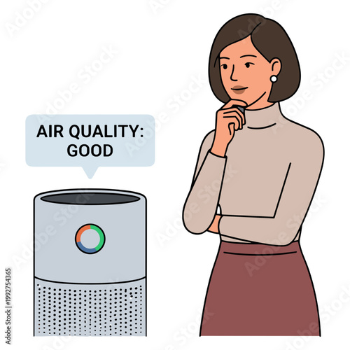 Woman checks air purifier displaying good air quality at home.