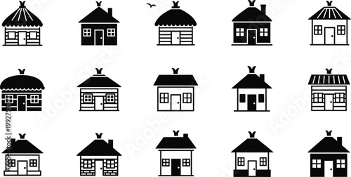 Minimalist flat design showing the progression of house architectural styles from simple to modern. Ideal for real estate, education, infographics, and design projects.