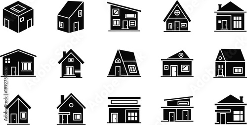 Minimalist set of diverse residential home icons ideal for real estate, architecture, and urban planning projects. Scalable vector art perfect for web, apps, and print media.