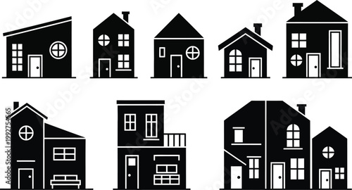 Minimalist vector set featuring diverse residential buildings, ideal for real estate, architecture, urban planning, and educational materials.