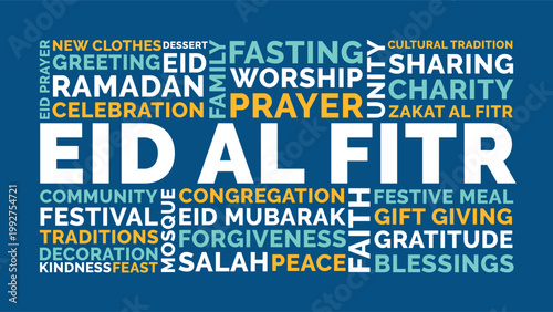 Eid Al Fitr Word Cloud Design for Poster, Social Media Banner, Flyer. Eid Al Fitr blue bold modern typography