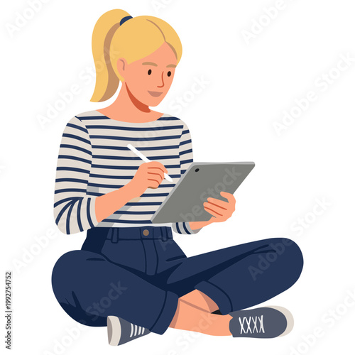 Woman sitting cross-legged using digital tablet and stylus indoors