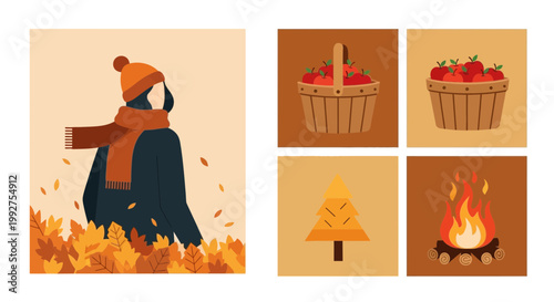 Flat design vector illustration of autumn season outdoor scene featuring person enjoying fall foliage near harvest baskets and warm bonfire light