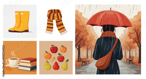 Flat design vector illustration of autumn season outdoor lifestyle with warm cozy elements and falling leaves in a vibrant park setting