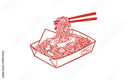 A line art illustration of an Asian takeout food box featuring yakisoba, complete with chopsticks