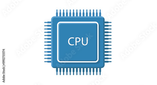 Blue cpu chip illustration with label and many connecting pins