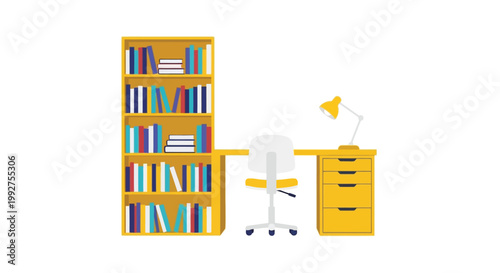A brightly colored illustration of a desk chair bookshelf and lamp