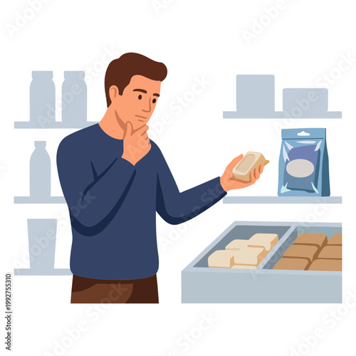 A man compares packaged and fresh bread in a store aisle.