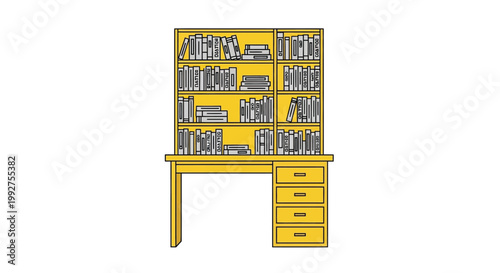 A simple yellow desk with a bookshelf above and drawers below