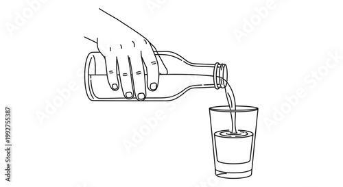 Line drawing depicts a hand pouring liquid from a bottle into a glass