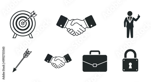 Business success icons target handshake and briefcase illustration